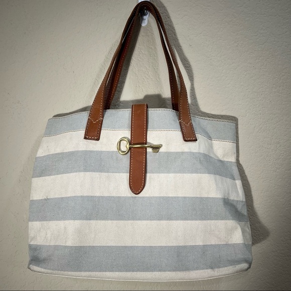 Fossil Rachel Blue Gray /Cream Coated Canvas KEY Leather Shoulder Tote Bag - Picture 1 of 14